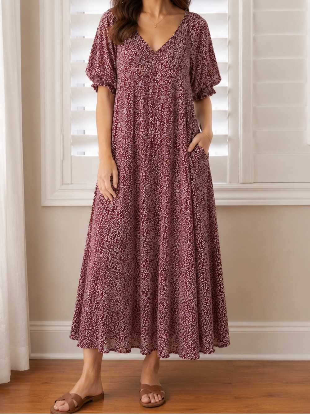 Old Navy Plum Floral V-Neck Maxi Dress with Puff Sleeves